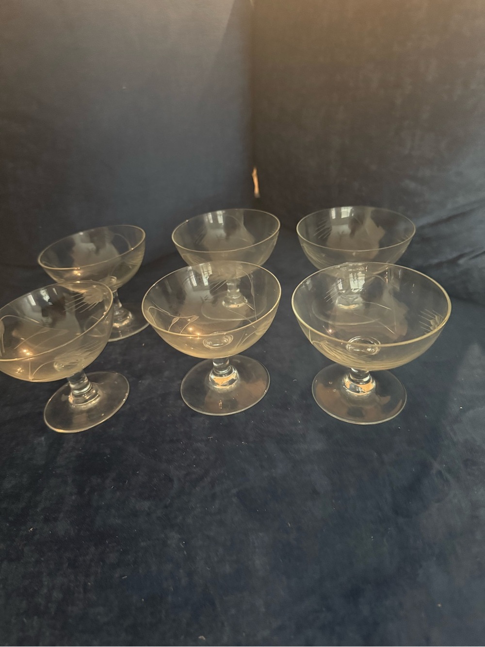 Set of 6 Clear Etched Glass Dessert or Champagne Coupes - Elegant Stemmed Bowls